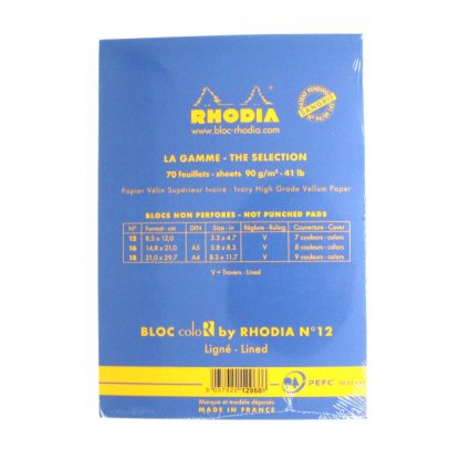 Sapphire Rhodia R ColoR Bloc No. 12 Head-Stapled Lined Paper Notepad 85 x 120